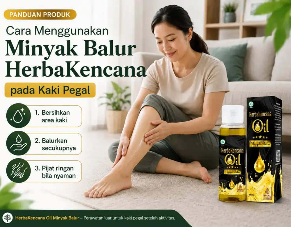 Cara menggunakan Minyak Balur HerbaKencana pada kaki pegal dengan membersihkan area kaki, membalurkan minyak secukupnya, dan melakukan pijat ringan