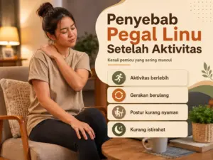 Wanita memegang bahu yang terasa pegal setelah aktivitas dengan ilustrasi penyebab pegal linu seperti aktivitas berlebih, gerakan berulang, postur kurang nyaman, dan kurang istirahat