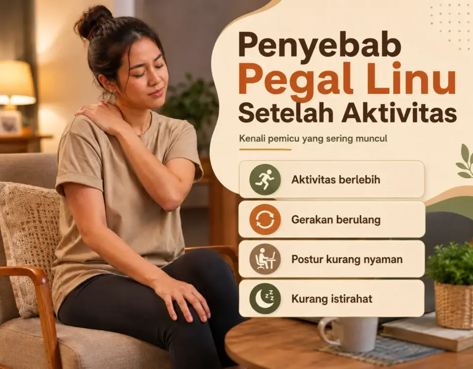 Wanita memegang bahu yang terasa pegal setelah aktivitas dengan ilustrasi penyebab pegal linu seperti aktivitas berlebih, gerakan berulang, postur kurang nyaman, dan kurang istirahat