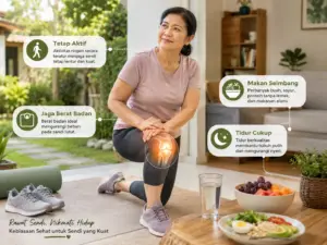 Wanita melakukan gerakan ringan untuk lutut dengan panduan tetap aktif, menjaga berat badan, makan seimbang, dan tidur cukup pada pengapuran sendi