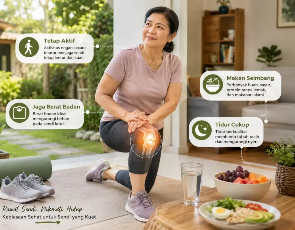 Wanita melakukan gerakan ringan untuk lutut dengan panduan tetap aktif, menjaga berat badan, makan seimbang, dan tidur cukup pada pengapuran sendi