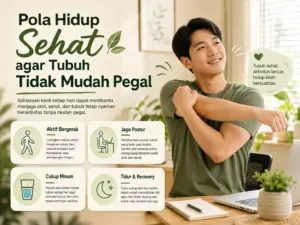 Pria melakukan peregangan ringan dengan tips aktif bergerak, menjaga postur, cukup minum, dan tidur untuk membantu tubuh tidak mudah pegal