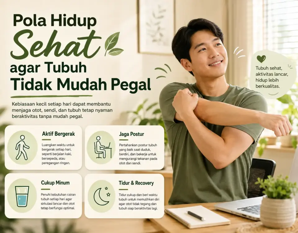 Pria melakukan peregangan ringan dengan tips aktif bergerak, menjaga postur, cukup minum, dan tidur untuk membantu tubuh tidak mudah pegal
