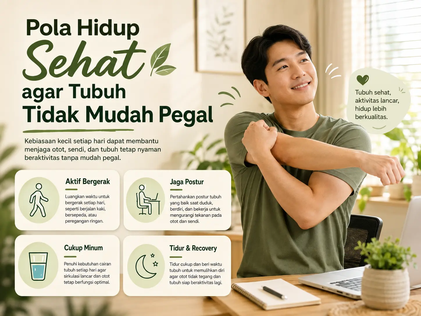 Pria melakukan peregangan ringan dengan tips aktif bergerak, menjaga postur, cukup minum, dan tidur untuk membantu tubuh tidak mudah pegal