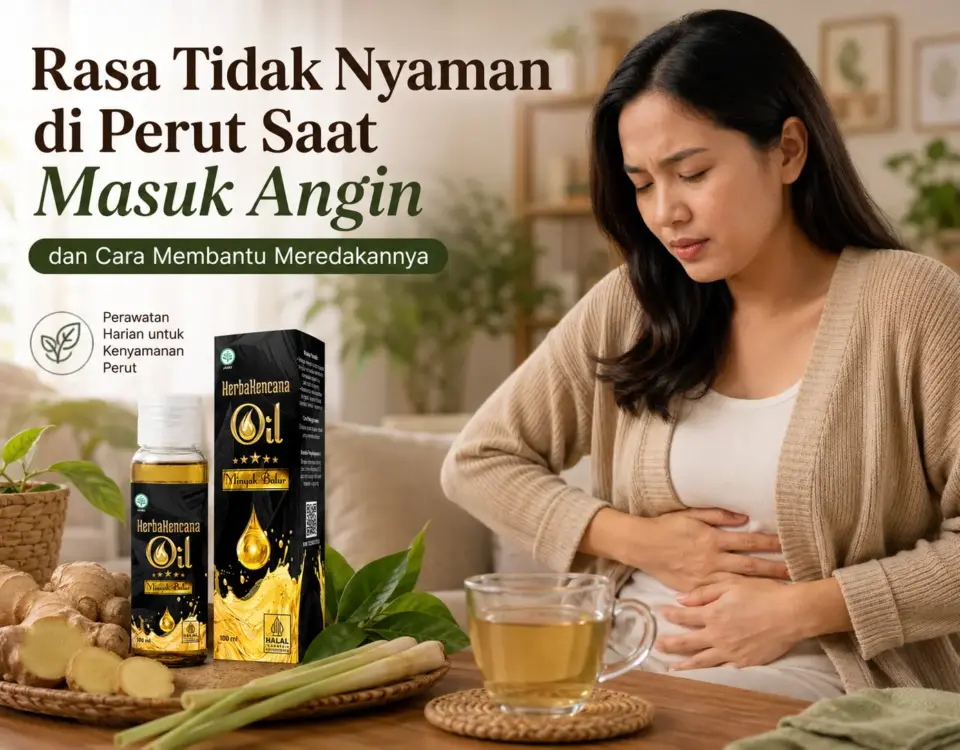 Wanita memegang perut yang terasa tidak nyaman saat masuk angin dengan Minyak Balur HerbaKencana sebagai perawatan luar pendamping