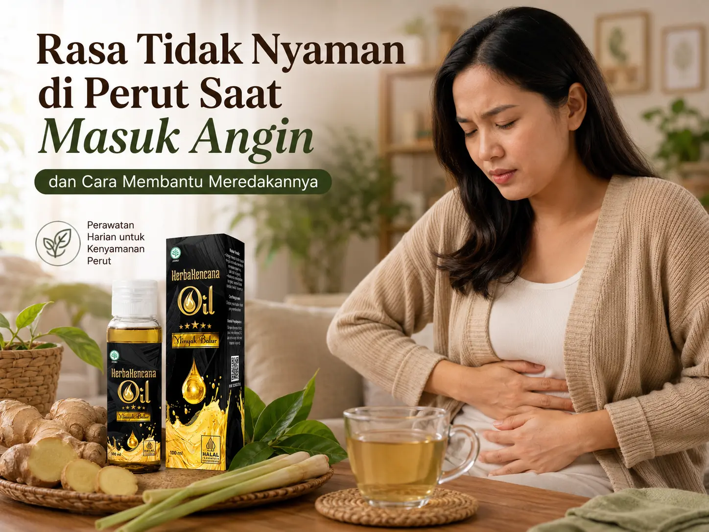 Wanita memegang perut yang terasa tidak nyaman saat masuk angin dengan Minyak Balur HerbaKencana sebagai perawatan luar pendamping