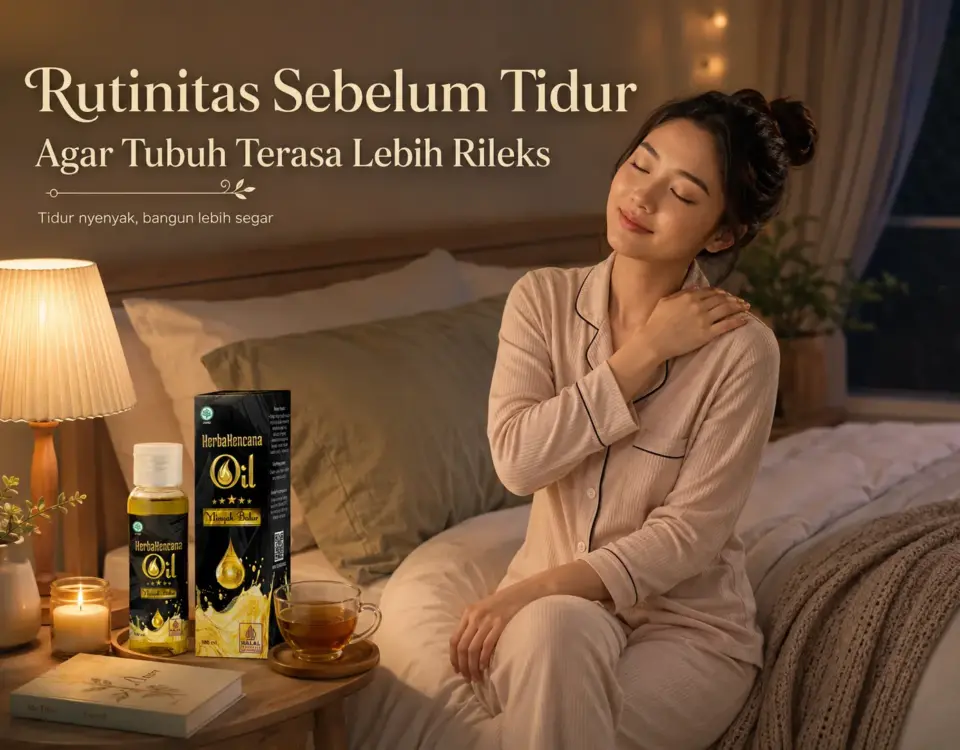 Wanita melakukan rutinitas sebelum tidur agar tubuh terasa lebih rileks dengan pijatan ringan dan Minyak Balur HerbaKencana