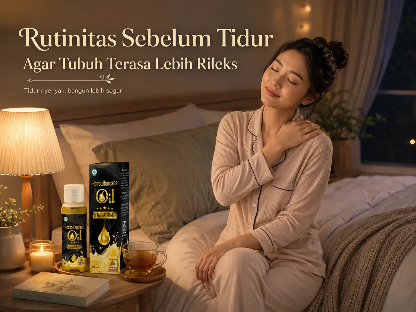 Wanita melakukan rutinitas sebelum tidur agar tubuh terasa lebih rileks dengan pijatan ringan dan Minyak Balur HerbaKencana