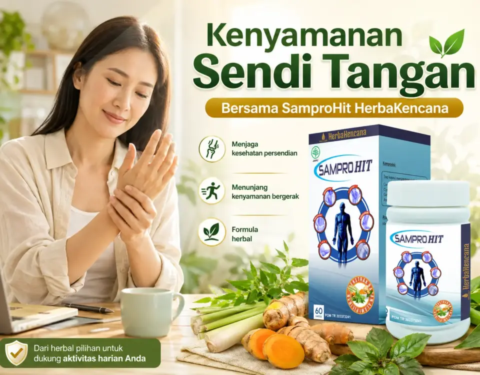 SamproHit HerbaKencana untuk membantu kenyamanan sendi tangan dengan formula herbal temulawak, sambiloto, kunyit, dan sereh
