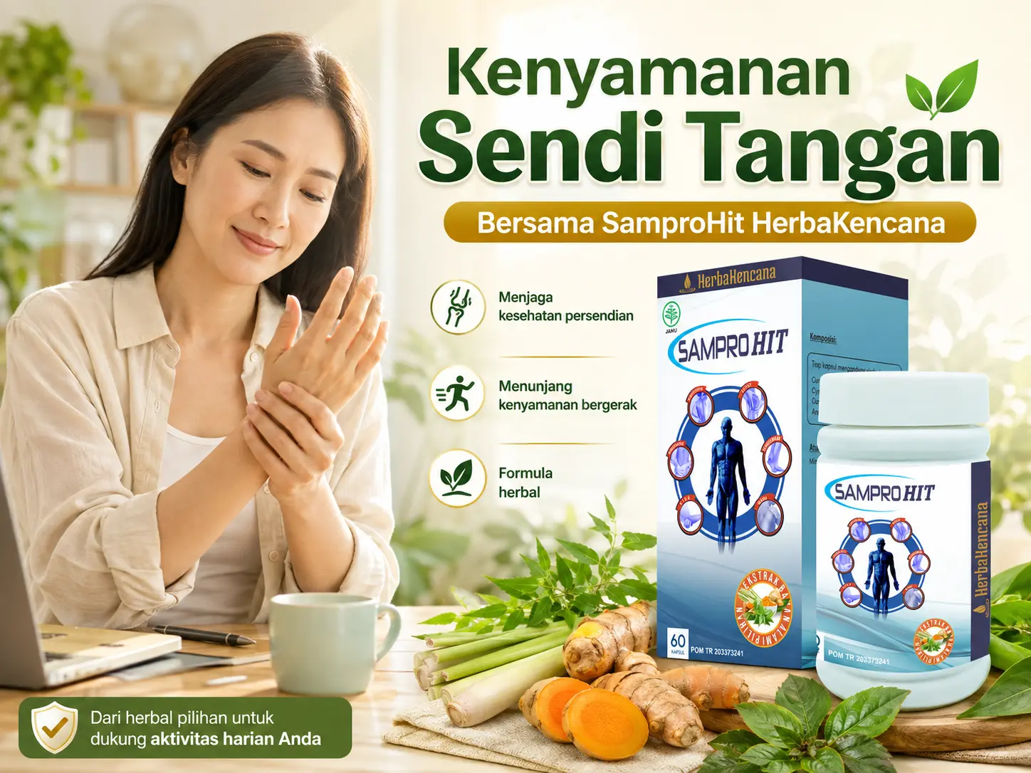 SamproHit HerbaKencana untuk membantu kenyamanan sendi tangan dengan formula herbal temulawak, sambiloto, kunyit, dan sereh