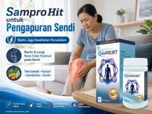 Wanita memegang lutut yang terasa nyeri dengan produk SamproHit HerbaKencana untuk membantu menjaga kesehatan persendian pada pengapuran sendi