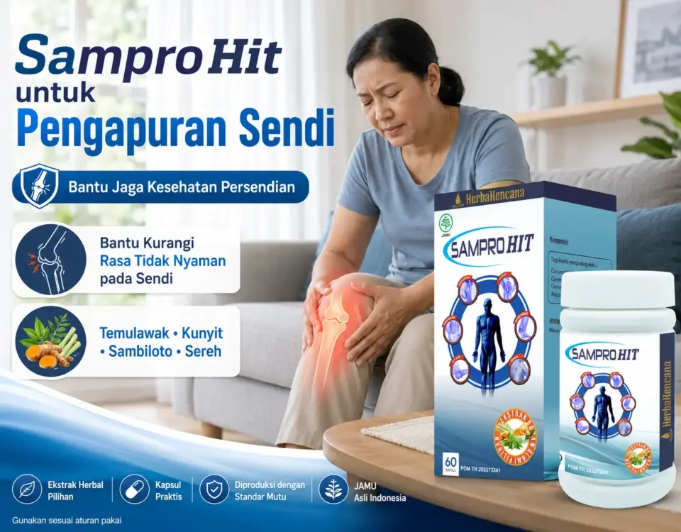 Wanita memegang lutut yang terasa nyeri dengan produk SamproHit HerbaKencana untuk membantu menjaga kesehatan persendian pada pengapuran sendi