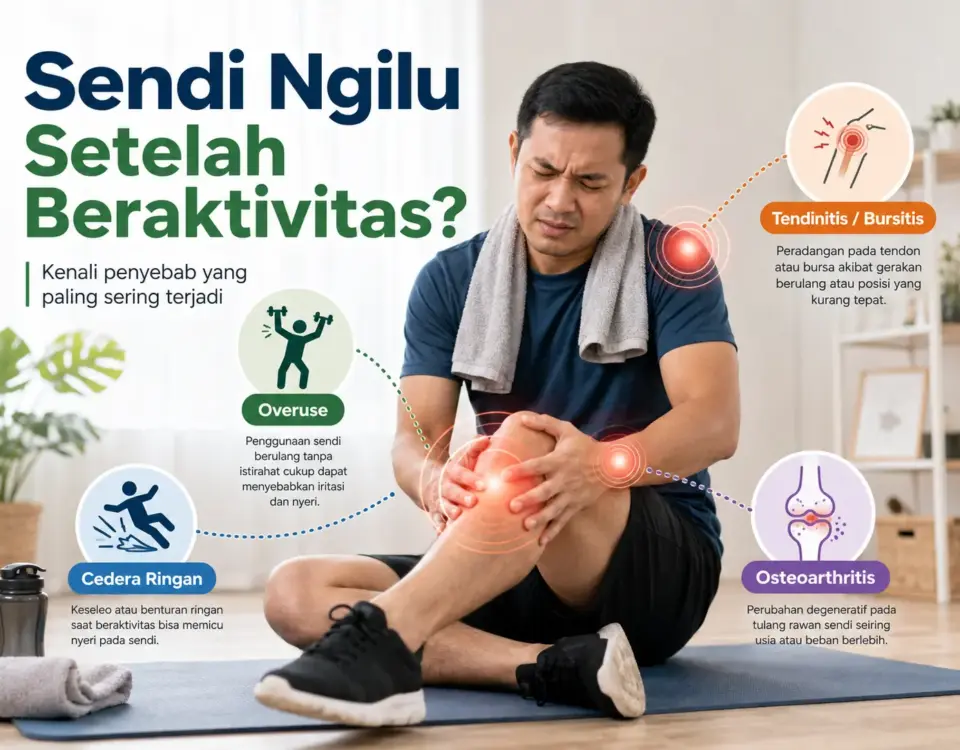 Pria memegang lutut yang terasa nyeri setelah aktivitas dengan ilustrasi penyebab seperti overuse, cedera ringan, tendinitis, bursitis, dan osteoarthritis