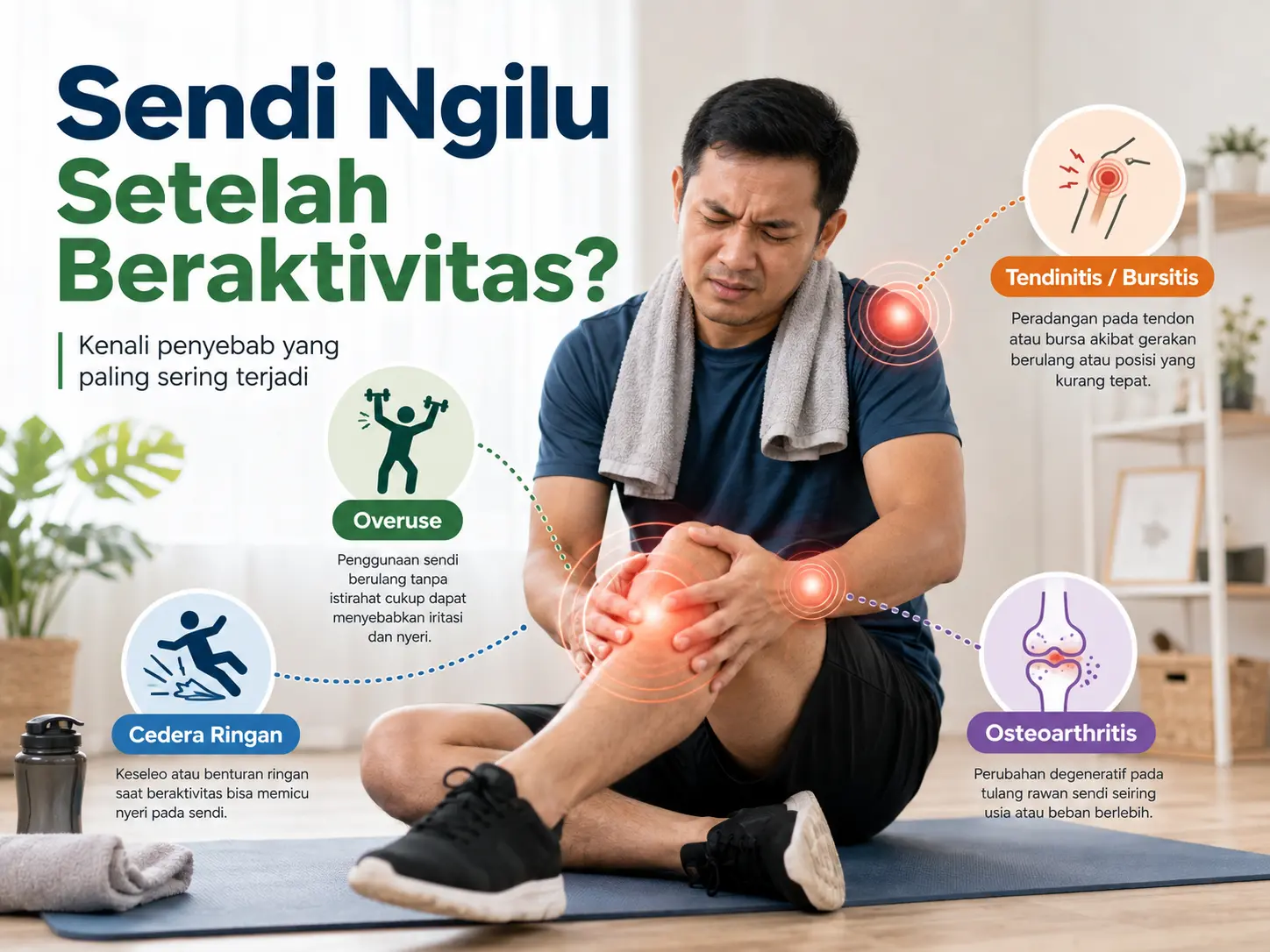 Pria memegang lutut yang terasa nyeri setelah aktivitas dengan ilustrasi penyebab seperti overuse, cedera ringan, tendinitis, bursitis, dan osteoarthritis