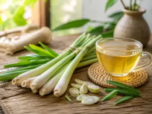 Sereh sebagai herbal aromatik dengan seduhan sereh hangat di atas meja kayu