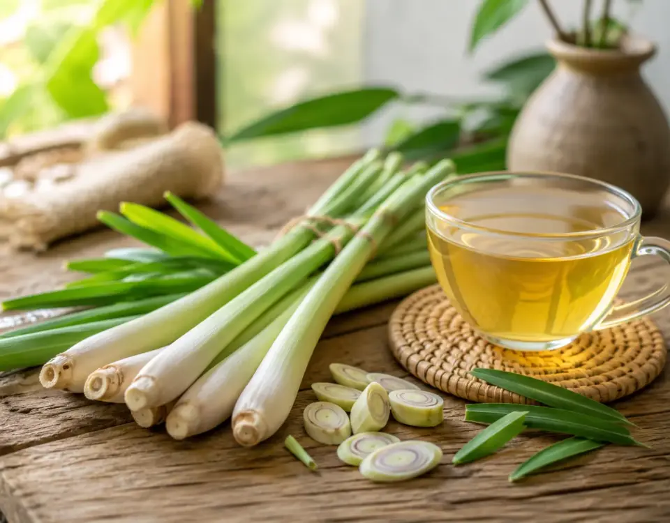 Sereh sebagai herbal aromatik dengan seduhan sereh hangat di atas meja kayu