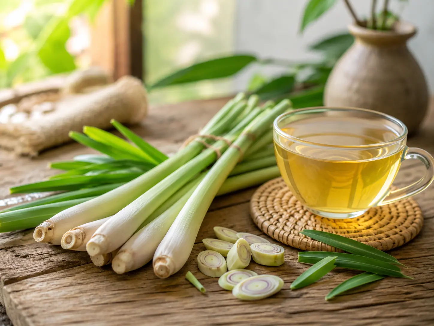 Sereh sebagai herbal aromatik dengan seduhan sereh hangat di atas meja kayu