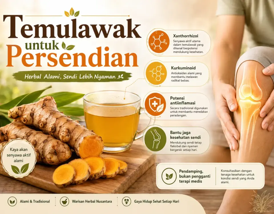 Temulawak segar, irisan rimpang, dan minuman herbal dengan ilustrasi sendi lutut untuk menggambarkan temulawak untuk persendian