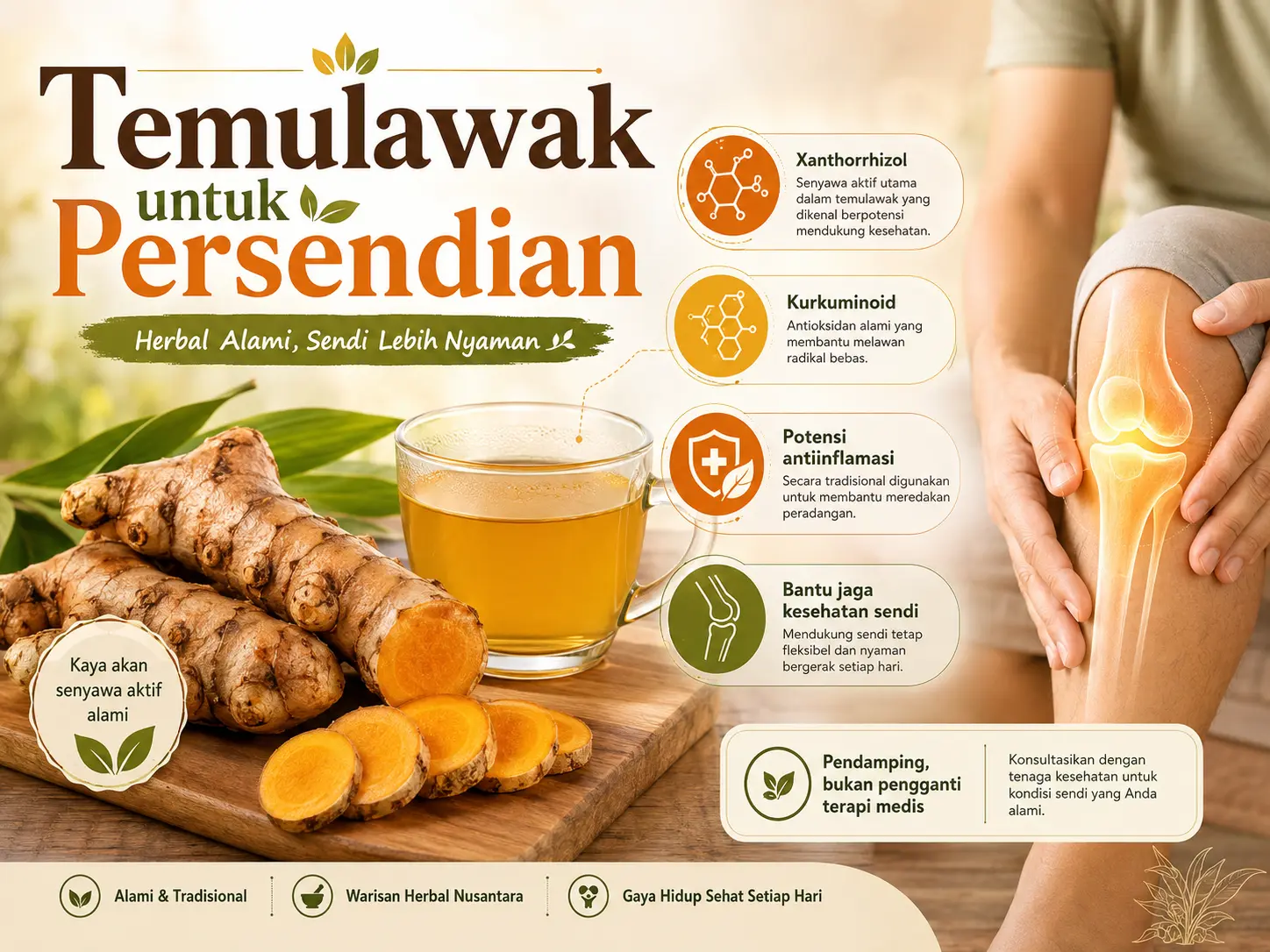Temulawak segar, irisan rimpang, dan minuman herbal dengan ilustrasi sendi lutut untuk menggambarkan temulawak untuk persendian