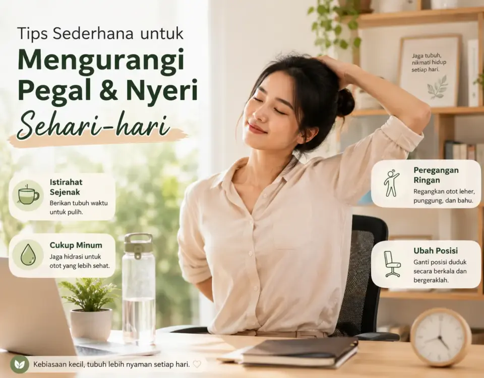 Wanita melakukan peregangan ringan di meja kerja dengan tips istirahat, cukup minum, peregangan, dan perubahan posisi untuk membantu mengurangi pegal linu