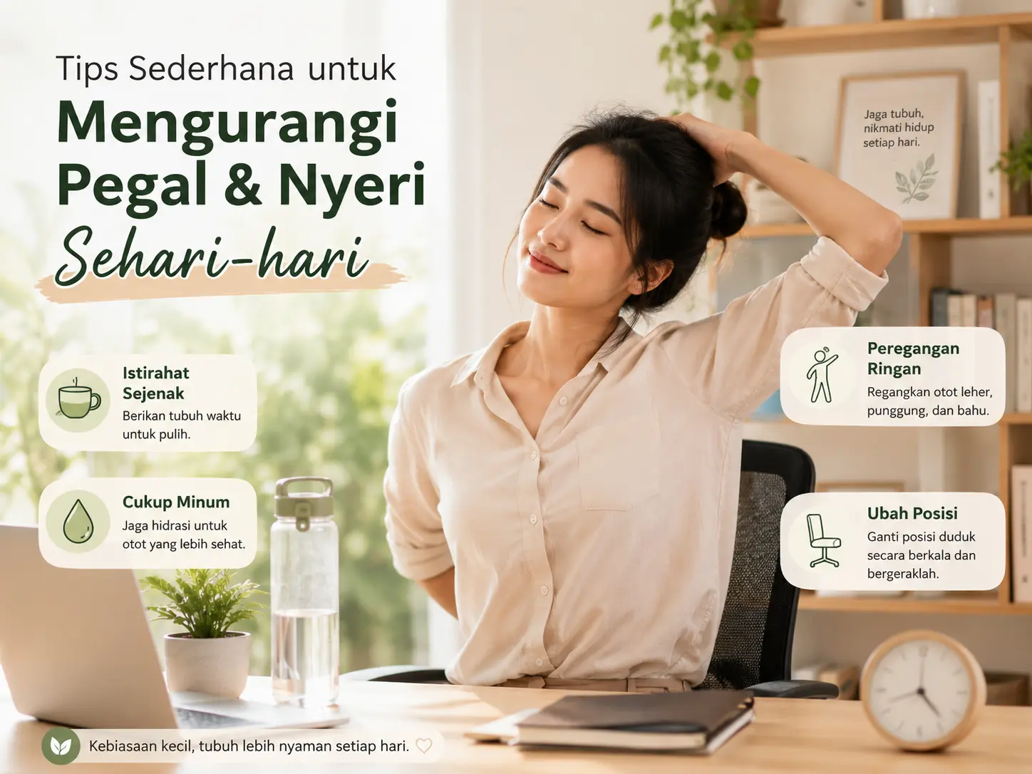 Wanita melakukan peregangan ringan di meja kerja dengan tips istirahat, cukup minum, peregangan, dan perubahan posisi untuk membantu mengurangi pegal linu
