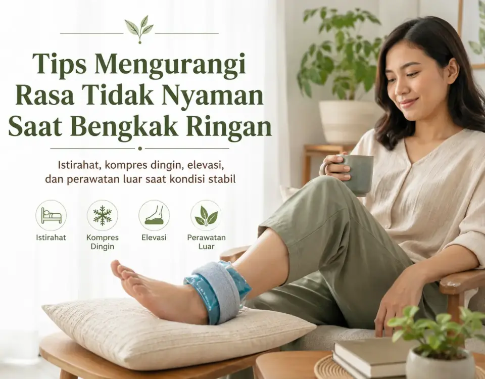 Tips membantu mengurangi rasa tidak nyaman saat bengkak ringan dengan istirahat, kompres dingin, elevasi, dan perawatan luar setelah kondisi stabil