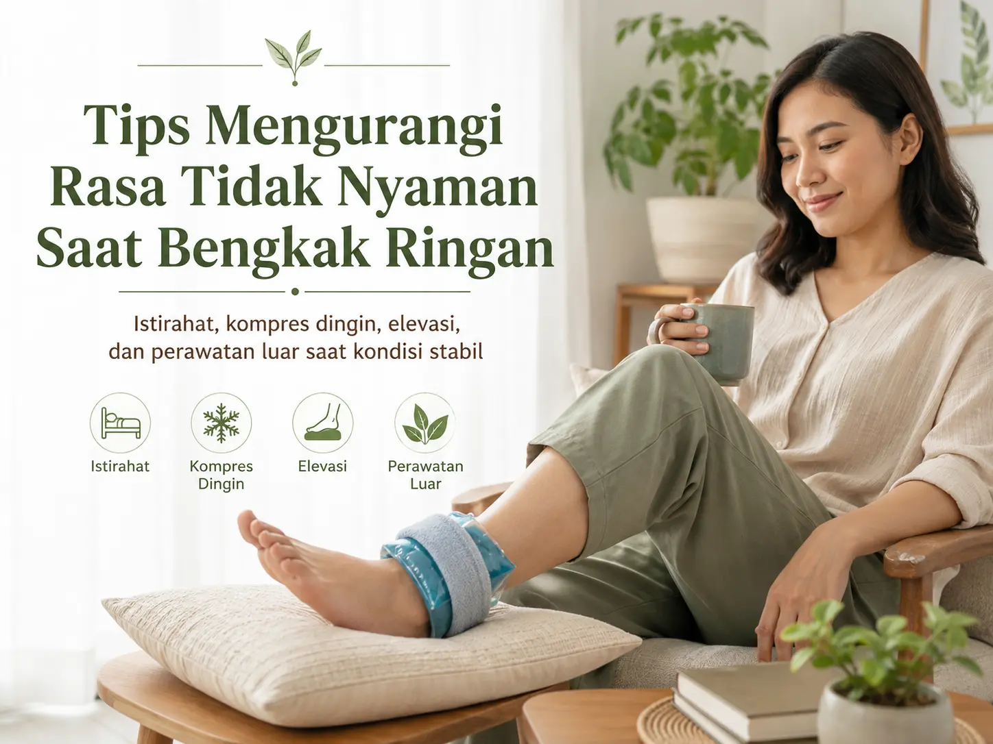Tips membantu mengurangi rasa tidak nyaman saat bengkak ringan dengan istirahat, kompres dingin, elevasi, dan perawatan luar setelah kondisi stabil