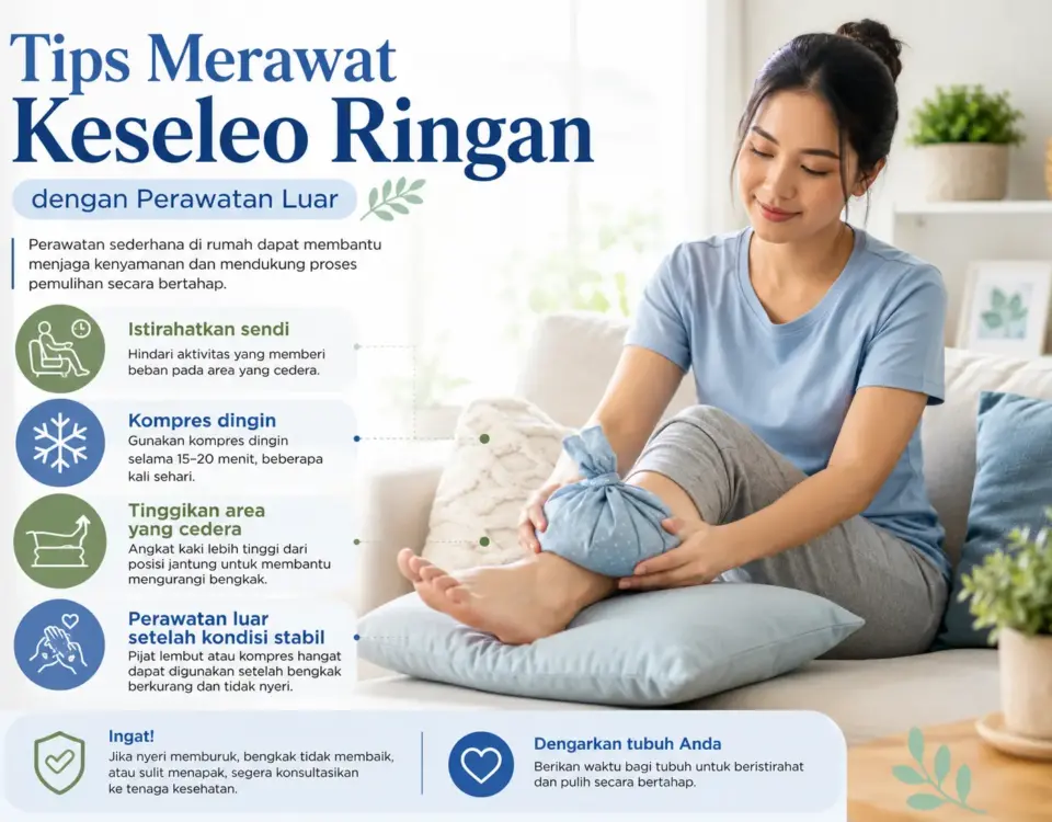Tips merawat keseleo ringan dengan perawatan luar, kompres dingin, istirahat, elevasi, dan Minyak Balur setelah kondisi mulai stabil