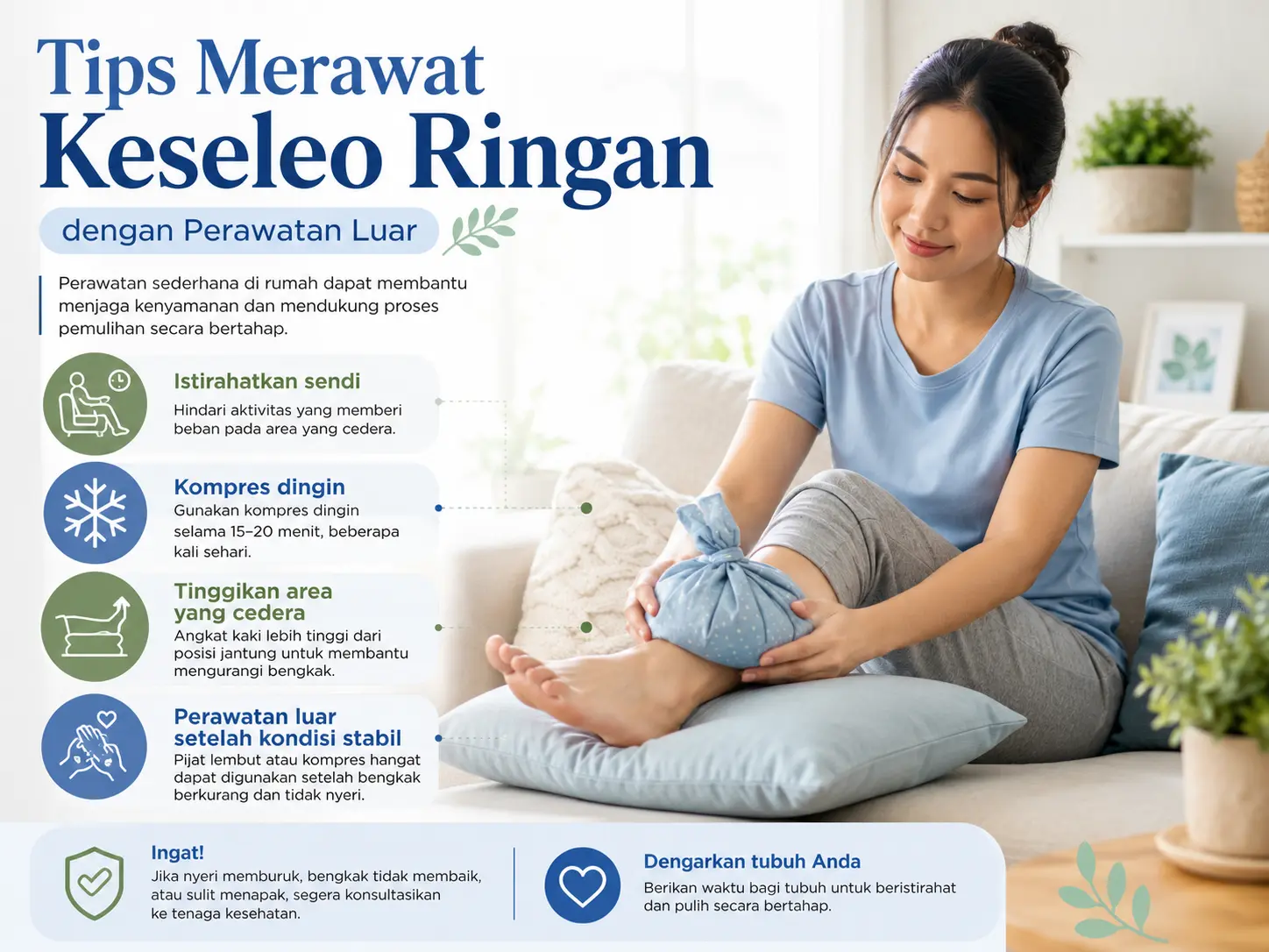 Tips merawat keseleo ringan dengan perawatan luar, kompres dingin, istirahat, elevasi, dan Minyak Balur setelah kondisi mulai stabil