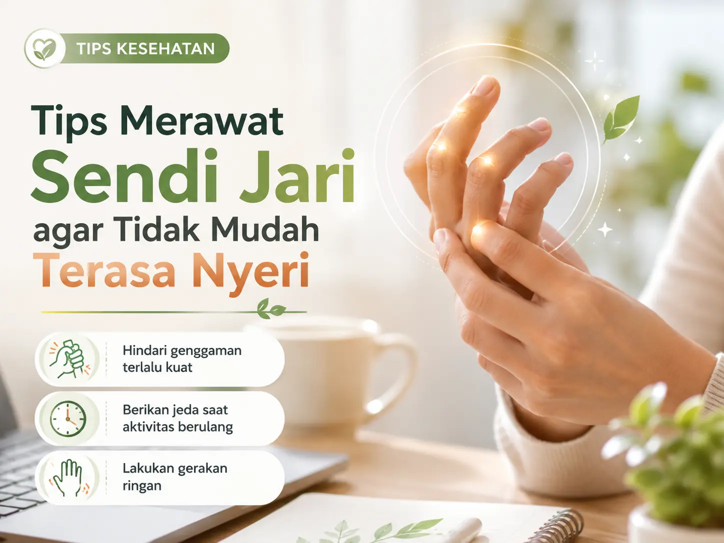 Tips merawat Sendi Jari agar Tidak Mudah Terasa Nyeri dengan gerakan ringan, jeda aktivitas, dan mengurangi genggaman kuat