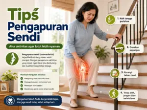 Wanita memegang lutut yang nyeri saat naik tangga dengan panduan aktivitas untuk membantu mengurangi beban pada pengapuran sendi