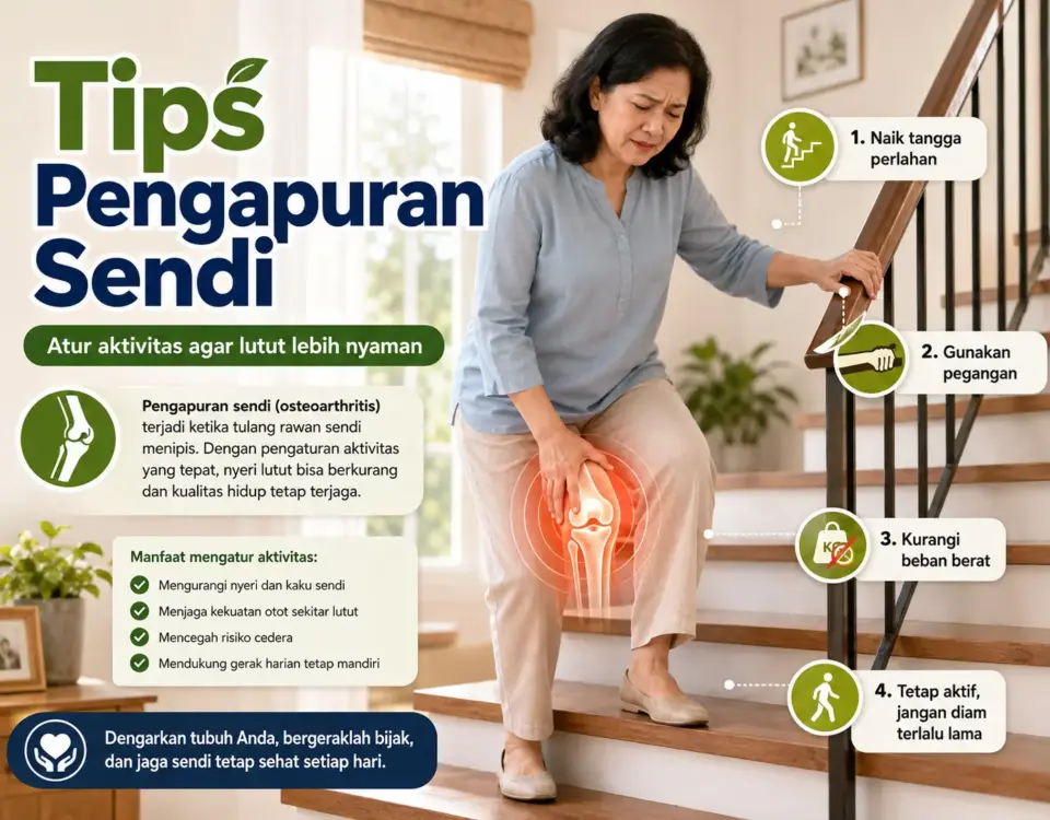 Wanita memegang lutut yang nyeri saat naik tangga dengan panduan aktivitas untuk membantu mengurangi beban pada pengapuran sendi
