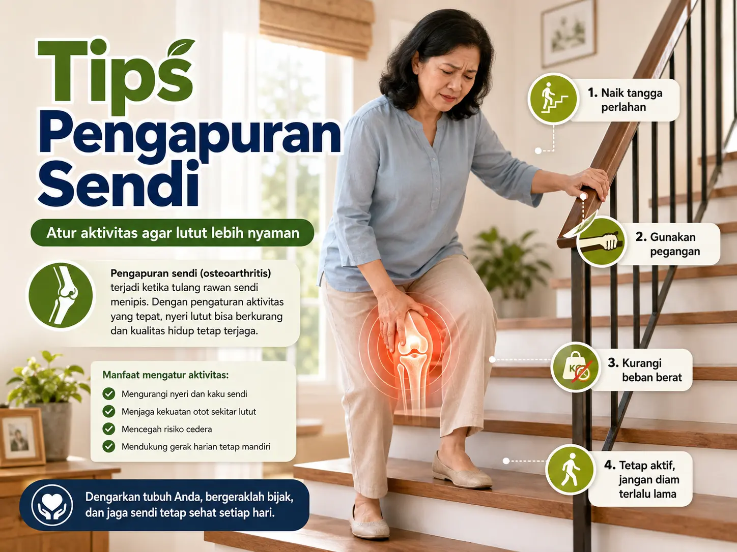 Wanita memegang lutut yang nyeri saat naik tangga dengan panduan aktivitas untuk membantu mengurangi beban pada pengapuran sendi