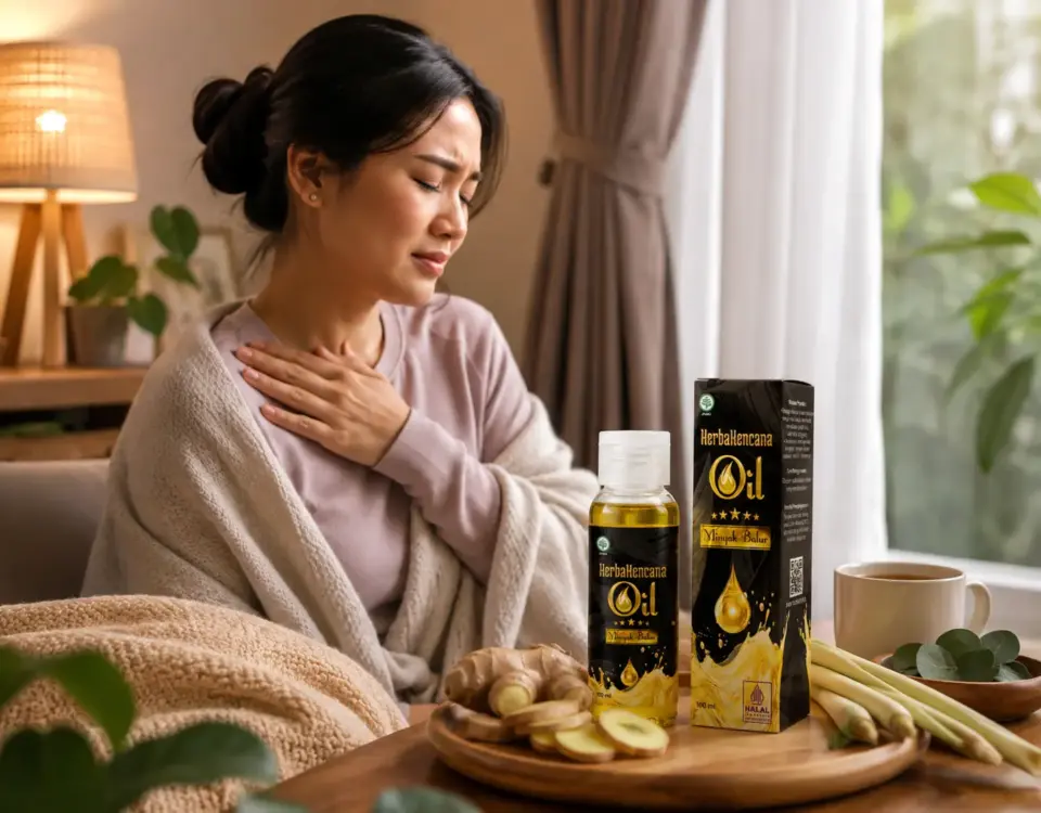 Wanita beristirahat sambil memegang area bahu dengan Minyak Balur HerbaKencana, jahe, sereh, daun herbal, dan minuman hangat saat tubuh terasa kurang nyaman