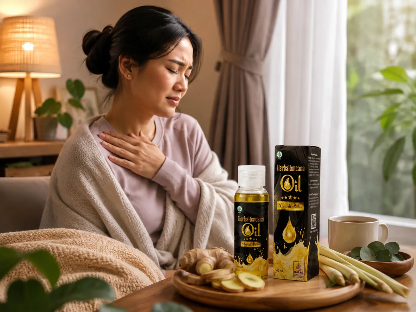 Wanita beristirahat sambil memegang area bahu dengan Minyak Balur HerbaKencana, jahe, sereh, daun herbal, dan minuman hangat saat tubuh terasa kurang nyaman