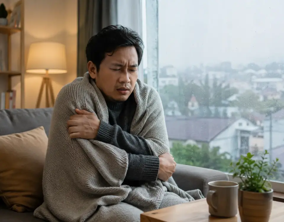Pria merasa kurang fit saat cuaca dingin sambil berselimut di dalam rumah