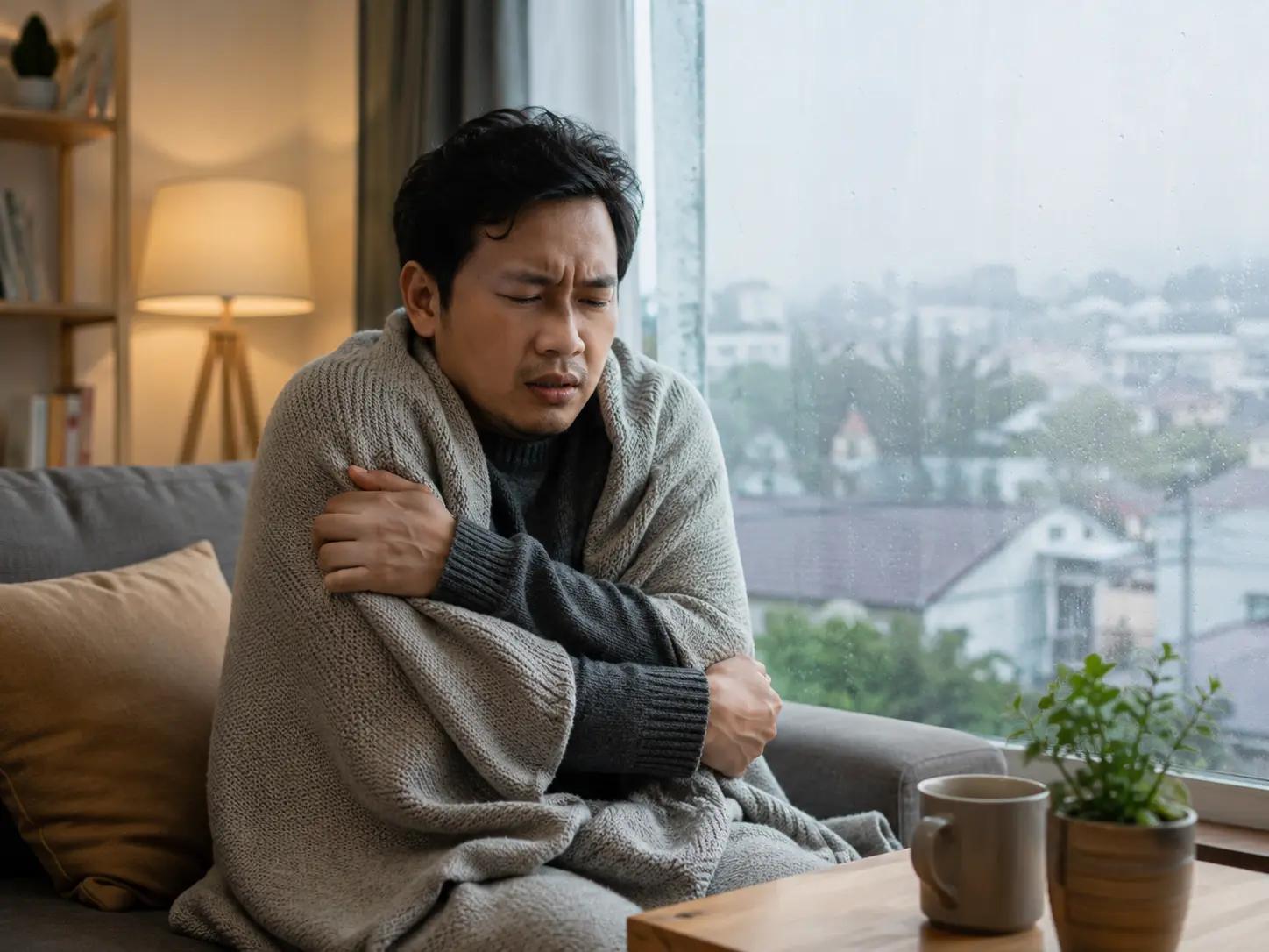Pria merasa kurang fit saat cuaca dingin sambil berselimut di dalam rumah