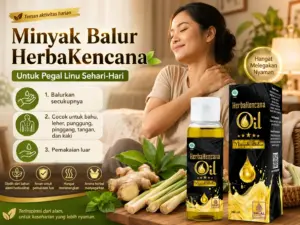 Wanita memegang bahu setelah aktivitas dengan Minyak Balur HerbaKencana untuk perawatan luar pada area tubuh yang terasa pegal