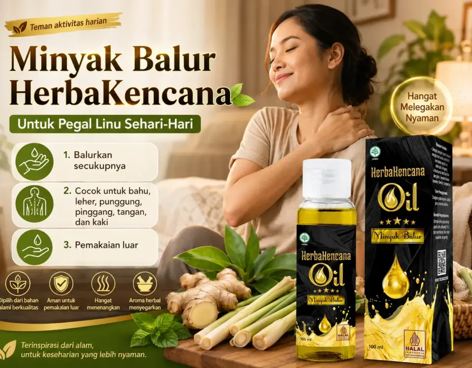 Wanita memegang bahu setelah aktivitas dengan Minyak Balur HerbaKencana untuk perawatan luar pada area tubuh yang terasa pegal