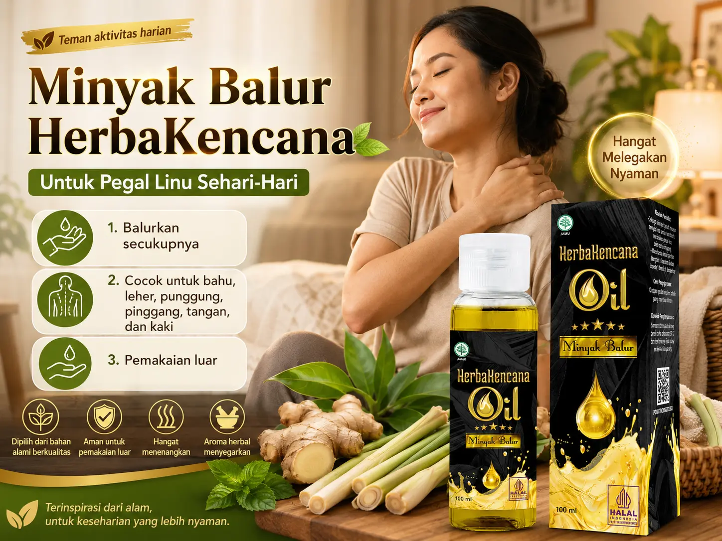 Wanita memegang bahu setelah aktivitas dengan Minyak Balur HerbaKencana untuk perawatan luar pada area tubuh yang terasa pegal