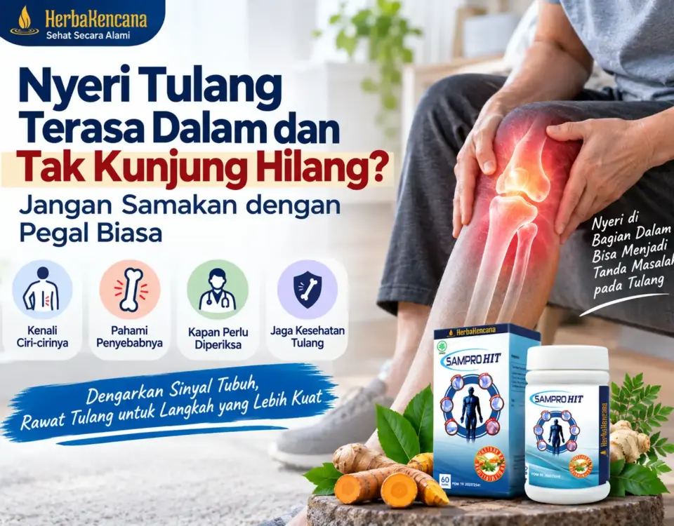 Nyeri tulang terasa dalam dan tak kunjung hilang dengan ilustrasi lutut sakit dan produk SamproHit HerbaKencana
