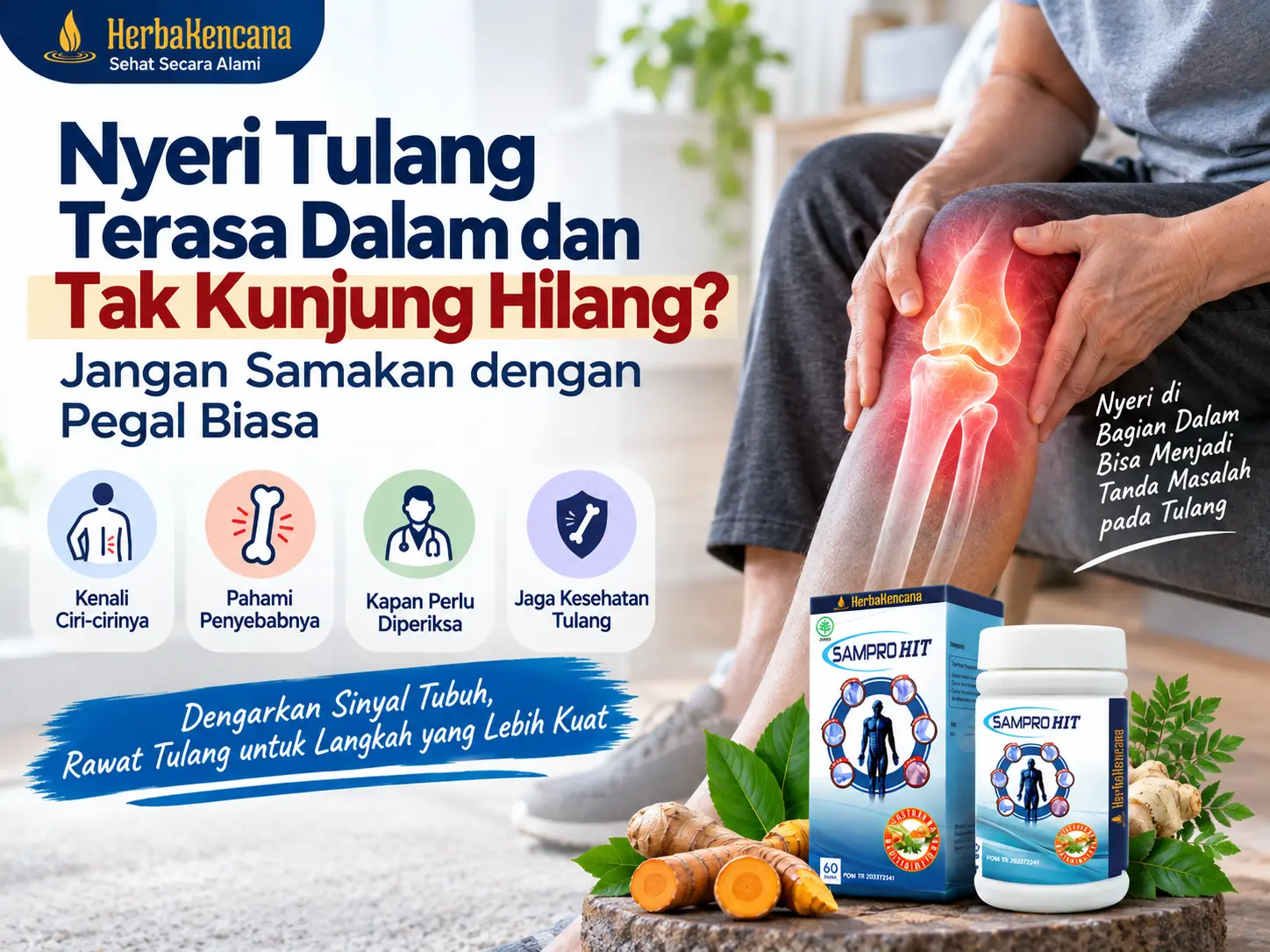 Nyeri tulang terasa dalam dan tak kunjung hilang dengan ilustrasi lutut sakit dan produk SamproHit HerbaKencana