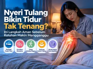 Nyeri tulang saat tidur yang mengganggu dengan ilustrasi seseorang memegang lutut karena rasa sakit dan tips menjaga kenyamanan tulang