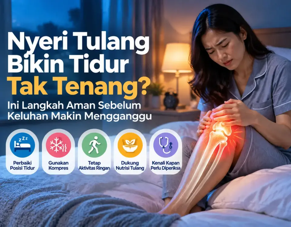 Nyeri tulang saat tidur yang mengganggu dengan ilustrasi seseorang memegang lutut karena rasa sakit dan tips menjaga kenyamanan tulang