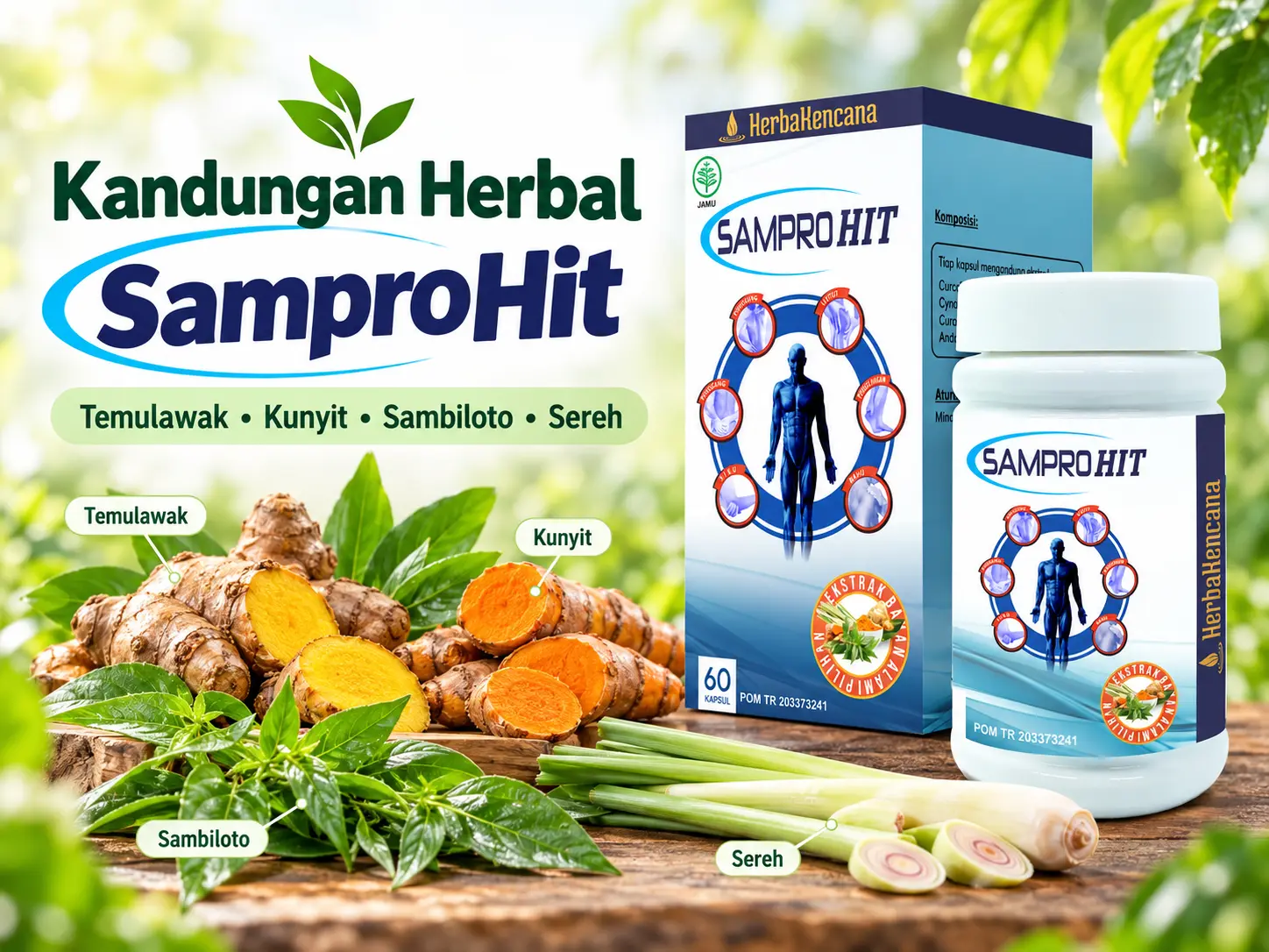 Kandungan herbal SamproHit dengan temulawak, kunyit, sambiloto, dan sereh sebagai bahan alami untuk menjaga kesehatan tubuh