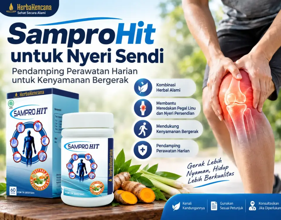 SamproHit untuk nyeri sendi sebagai pendamping perawatan harian dengan kemasan produk dan ilustrasi lutut