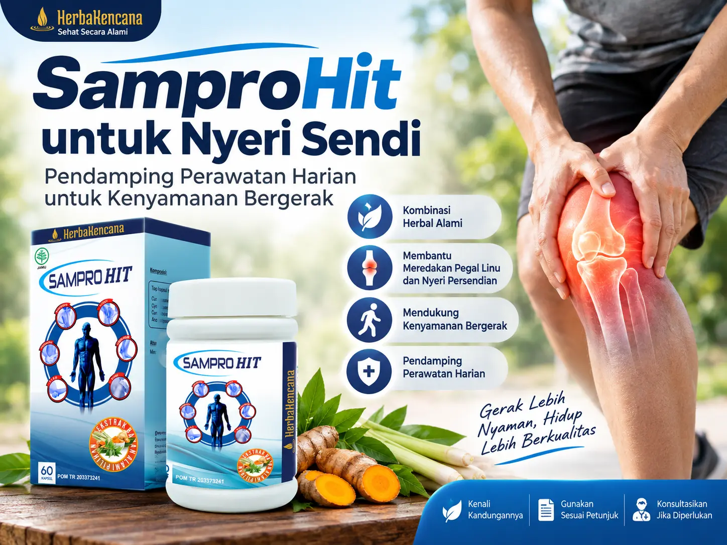 SamproHit untuk nyeri sendi sebagai pendamping perawatan harian dengan kemasan produk dan ilustrasi lutut