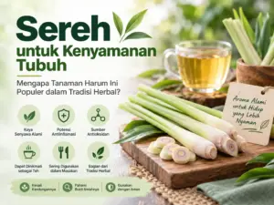 Sereh untuk kesehatan dengan batang sereh segar, teh herbal, dan informasi kandungan serta penggunaan yang aman