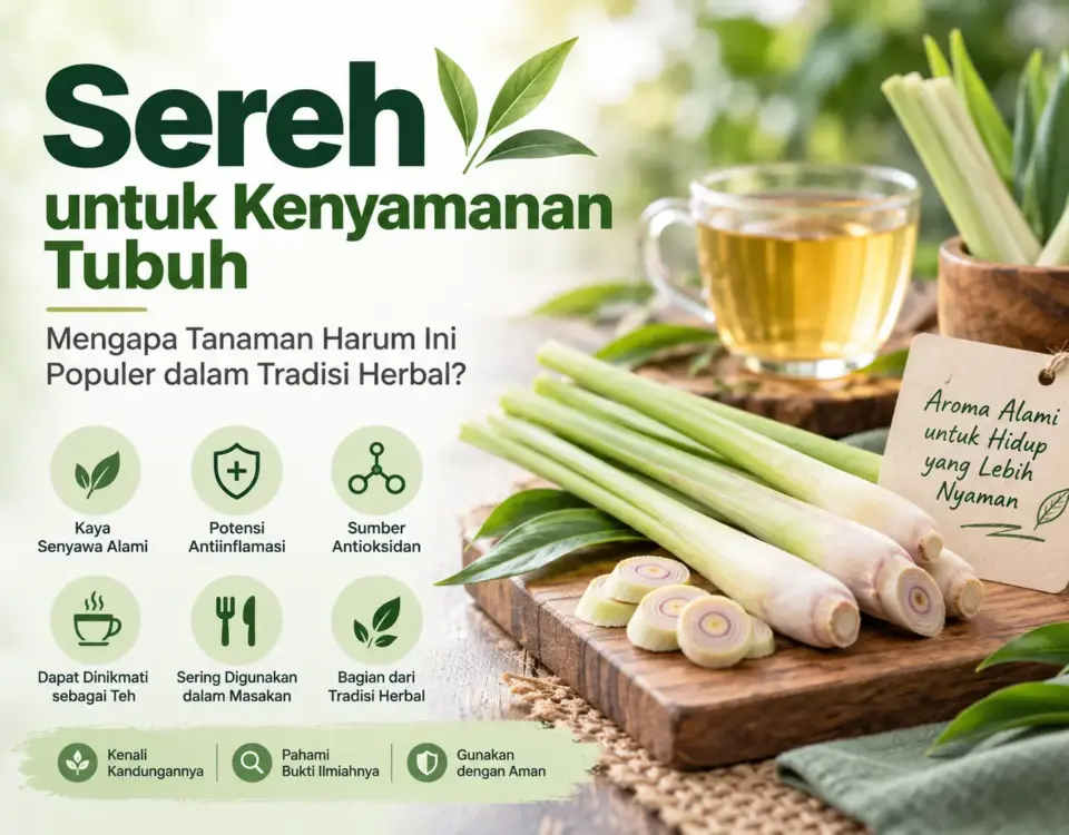Sereh untuk kesehatan dengan batang sereh segar, teh herbal, dan informasi kandungan serta penggunaan yang aman