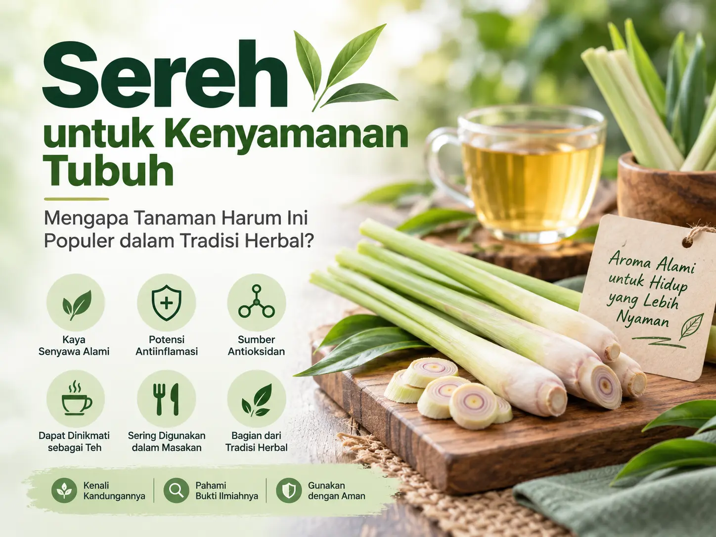 Sereh untuk kesehatan dengan batang sereh segar, teh herbal, dan informasi kandungan serta penggunaan yang aman